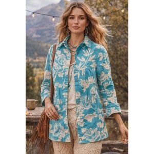 Joe Fresh Floral Print Trench Coat Jacket Size Medium Sky Blue Boho Retro Chic